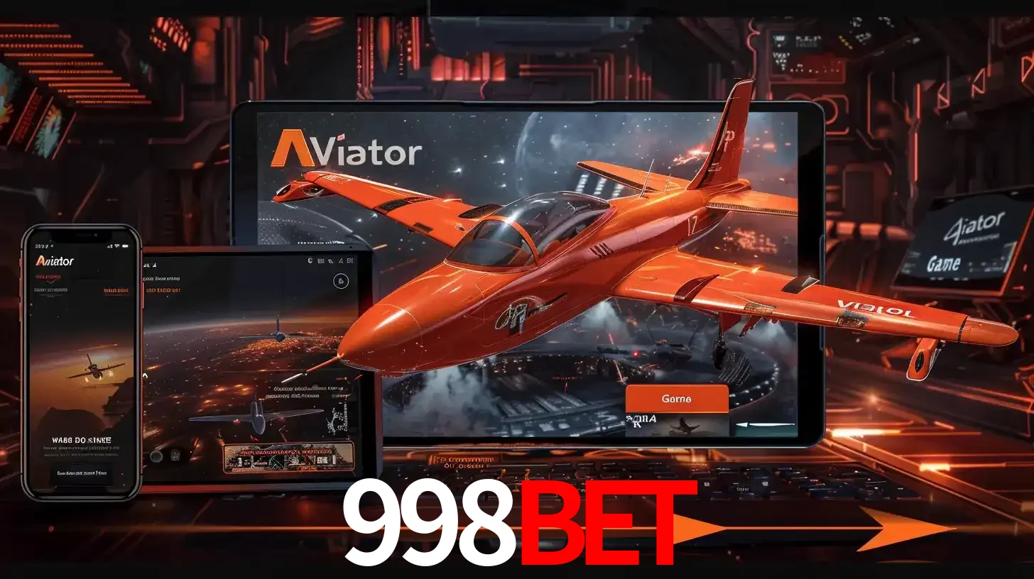 Apresentação tecnológica do jogo Aviator com um avião saindo da tela de um tablet, demonstrando a experiência imersiva em múltiplos dispositivos no 998BET.