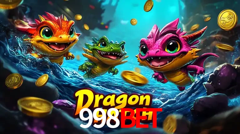 Arte promocional do jogo Dragon Hatch com três adoráveis dragões bebês nadando entre moedas de ouro, um dos slots mais divertidos para jogar no cassino 998BET.