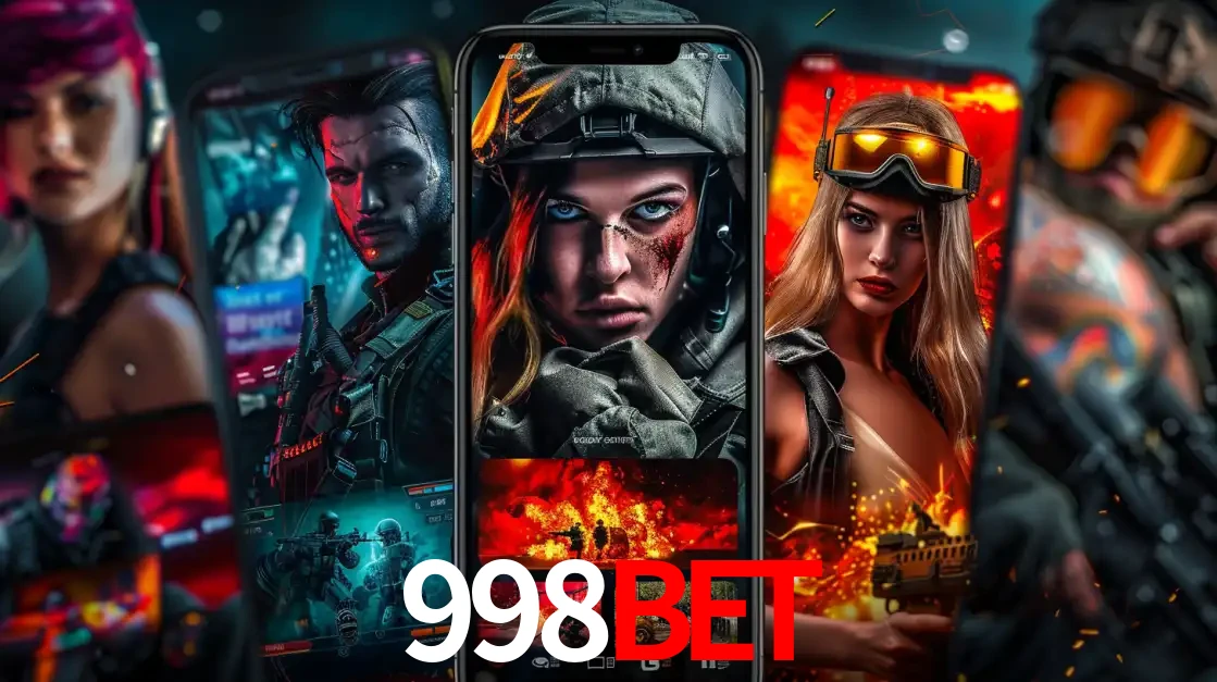 Montagem de telas de celular mostrando diversos personagens, masculinos e femininos, de um jogo de tiro, ilustrando a diversidade de equipes de e-sports para apostar no 998BET.