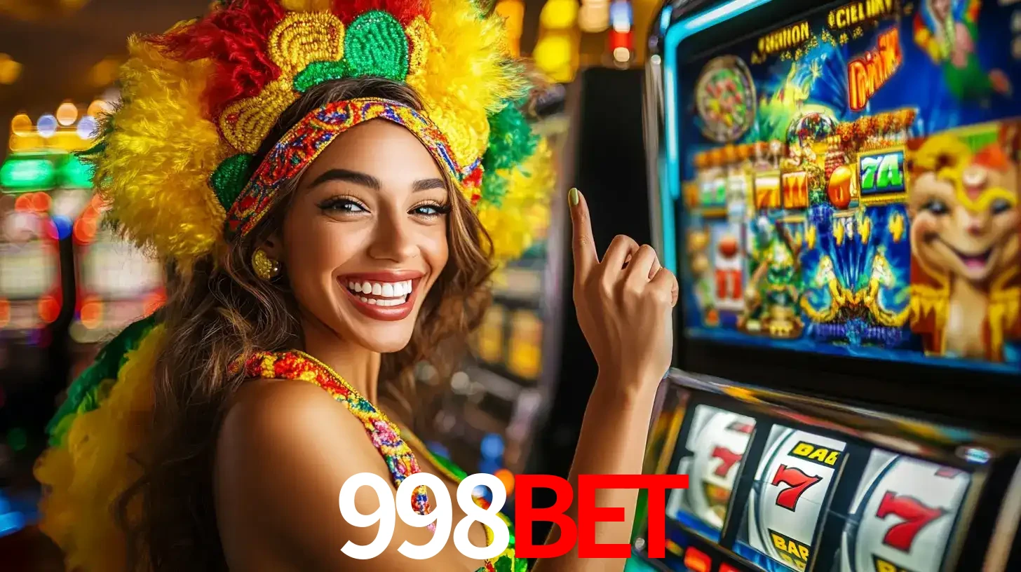 Mulher animada com um cocar de carnaval apontando para uma máquina de caça-níqueis, mostrando a emoção de ganhar um grande prêmio nos jogos do 998BET.