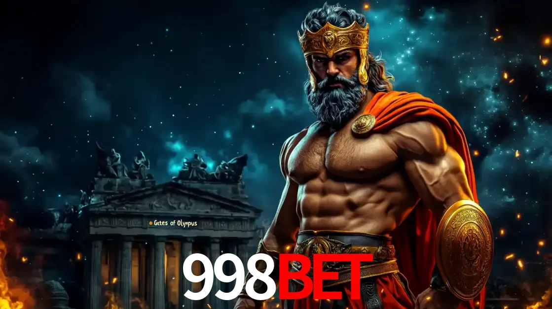 O poderoso Zeus do jogo de slot Gates of Olympus em frente ao seu templo, pronto para lançar multiplicadores divinos e prêmios épicos no cassino online 998BET.