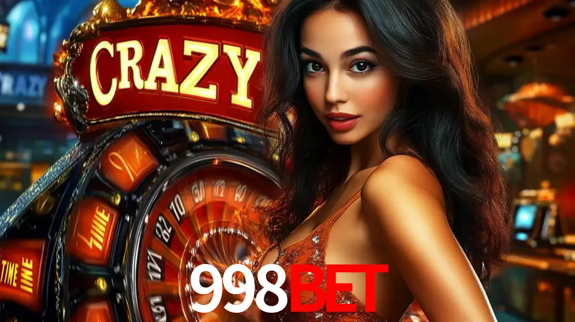 Mulher glamourosa olhando para a câmera com a roda vermelha do Crazy Time ao fundo em um ambiente de cassino, destacando a emoção dos jogos ao vivo no 998BET.