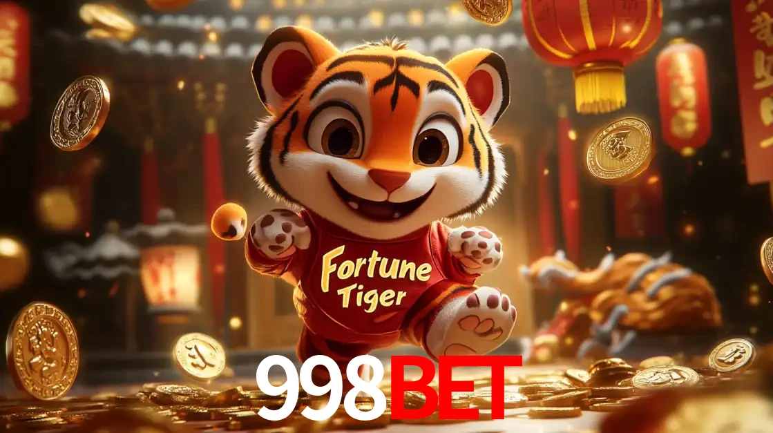 O alegre personagem do Fortune Tiger correndo sobre um caminho de moedas de ouro, simbolizando os grandes prêmios e a diversão do popular jogo de slot do 998BET.