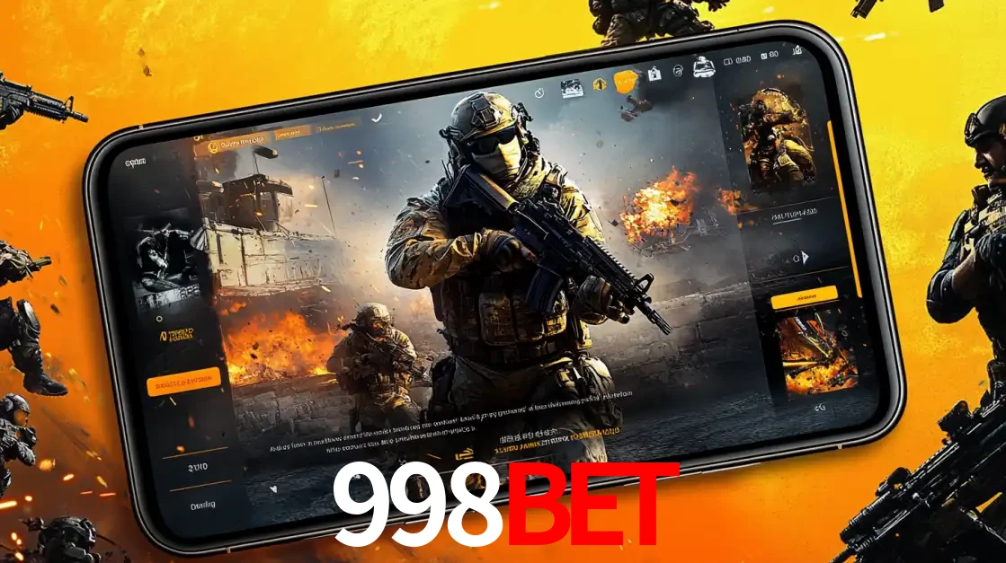 Um smartphone exibindo a interface de um jogo de tiro em primeira pessoa, com um soldado em um cenário de batalha, representando a ação dos e-sports para apostar no 998BET.