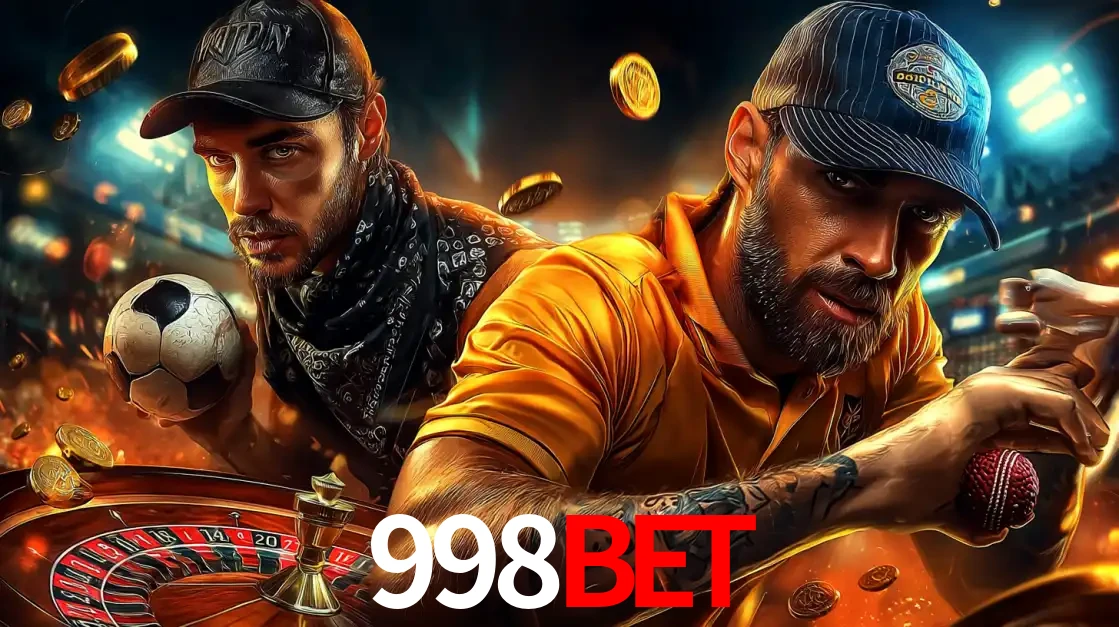 Montagem de apostas esportivas e cassino no 998BET, com um homem segurando uma bola de futebol e outro uma de beisebol sobre uma roleta e moedas voadoras.