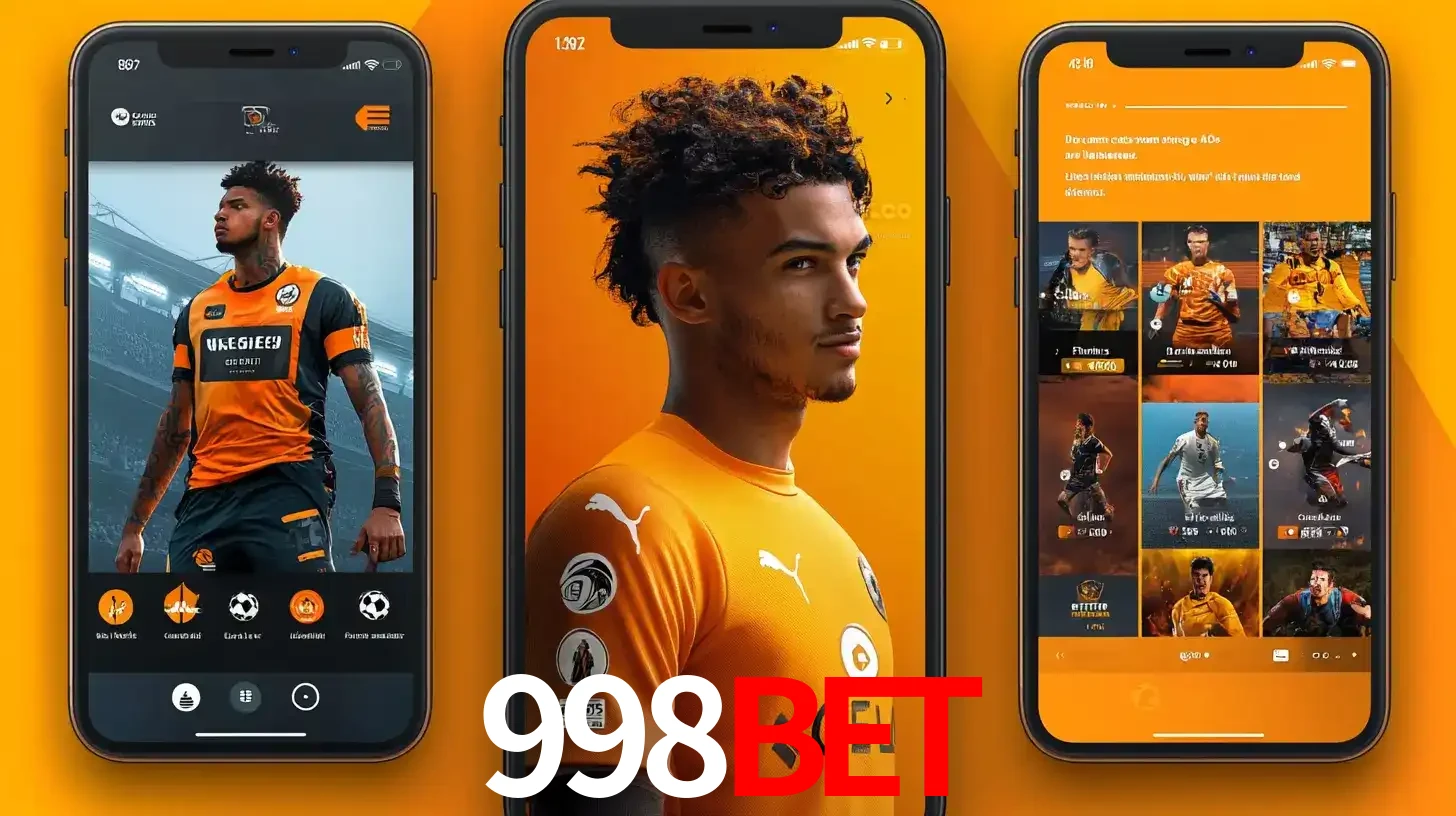 Interface do aplicativo de apostas esportivas 998BET em três telas de celular, mostrando o perfil de um jogador de futebol e a lista de jogos disponíveis para apostar.
