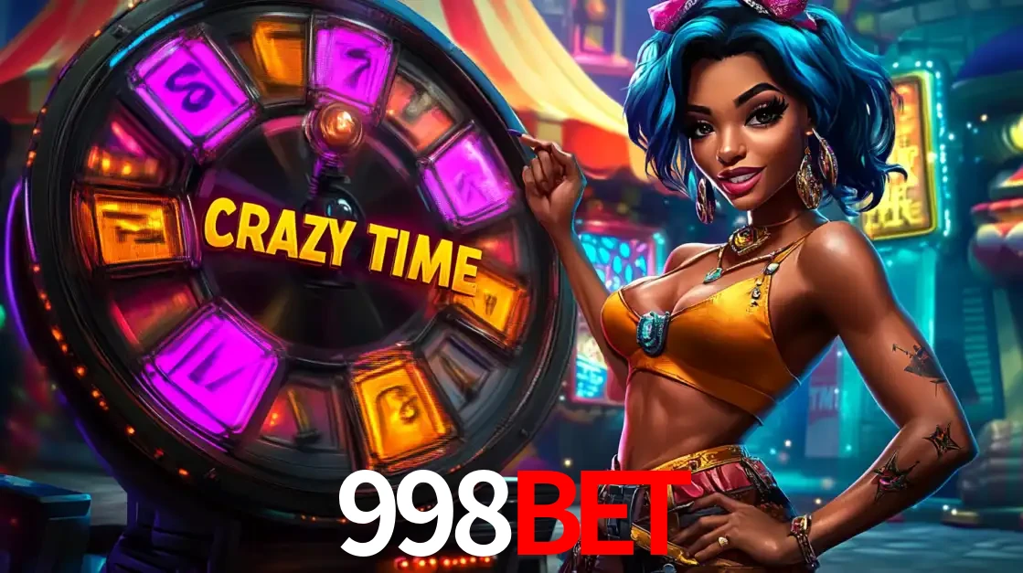 Mulher estilizada com cabelo azul e visual vibrante posando ao lado da roda de prêmios do game show Crazy Time, convidando para a diversão e os bônus do cassino 998BET.