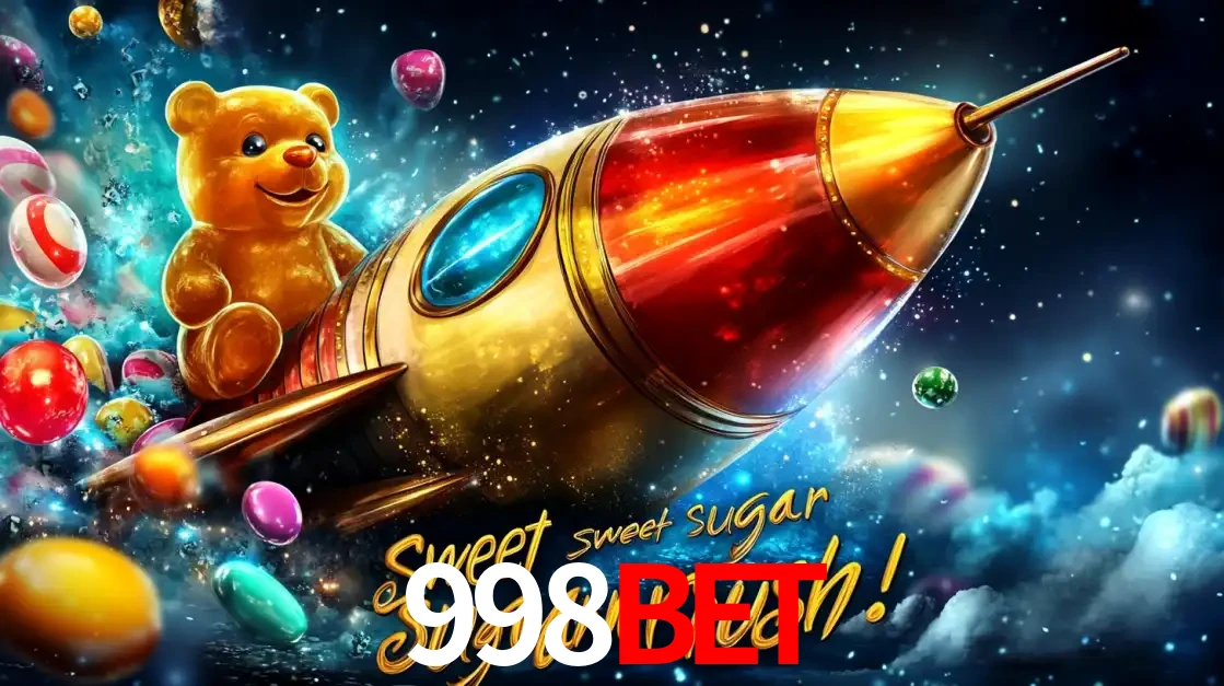 Arte promocional do jogo de slot Sugar Rush, com um urso de pelúcia em um foguete viajando pelo espaço de doces, um dos jogos divertidos disponíveis no cassino 998BET.