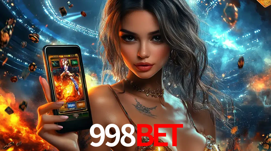 Mulher segurando um celular com um jogo de slot em destaque, tendo como fundo um estádio vibrante, simbolizando a emoção de jogar no cassino móvel 998BET.