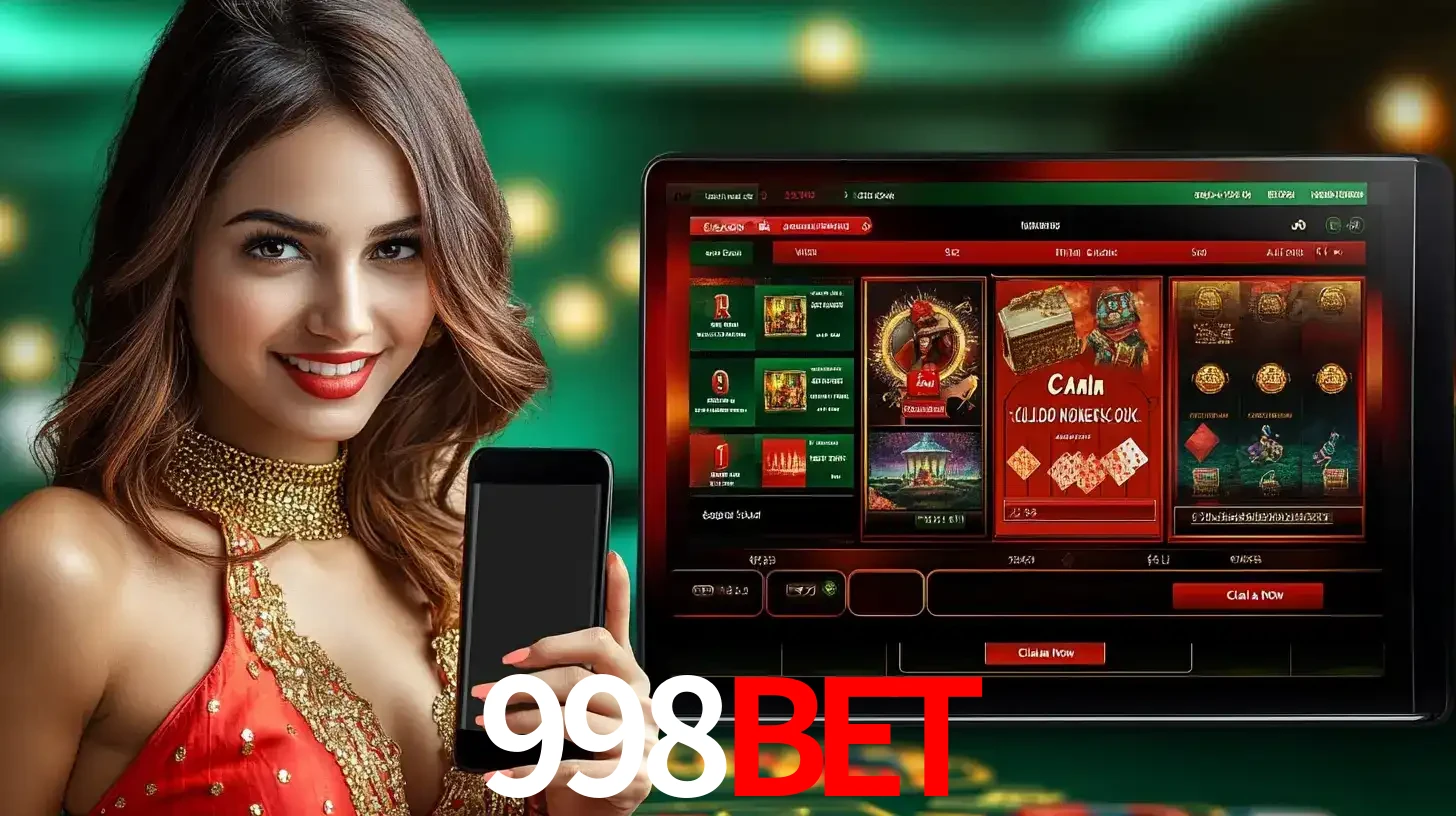 Mulher sorridente segurando um smartphone, ao lado de uma tela exibindo o lobby de jogos do cassino online 998BET, com várias opções de jogos de cartas e slots.